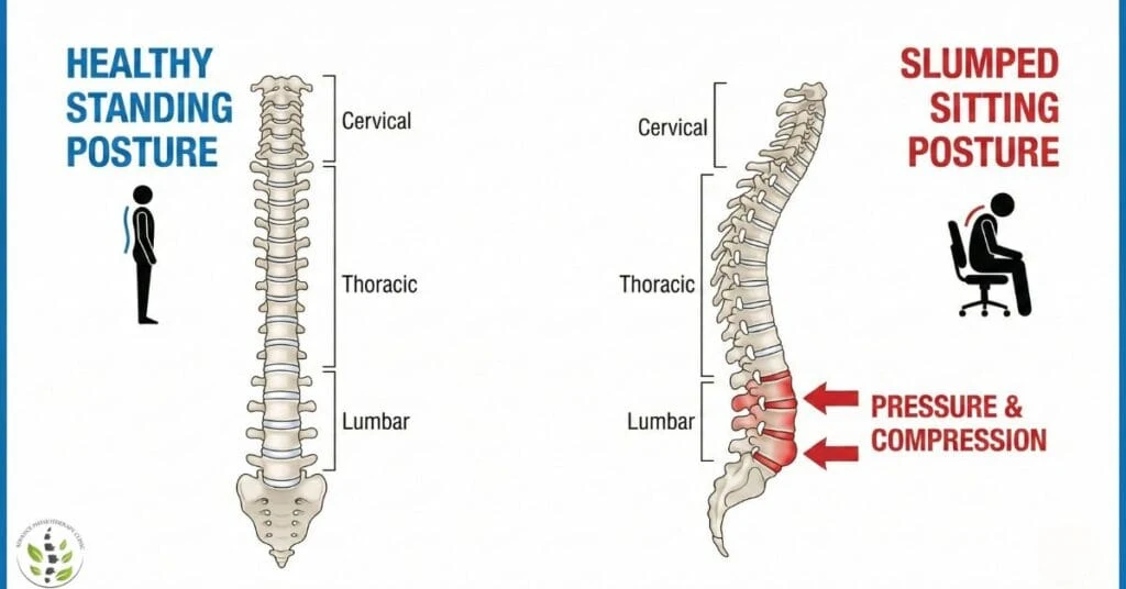 Illustration of spinal compression affecting the lower back