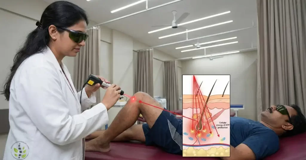 A physiotherapist performing Class 4 Laser Therapy on a patient's knee, showing laser light penetration for inflammation reduction and tissue repair.