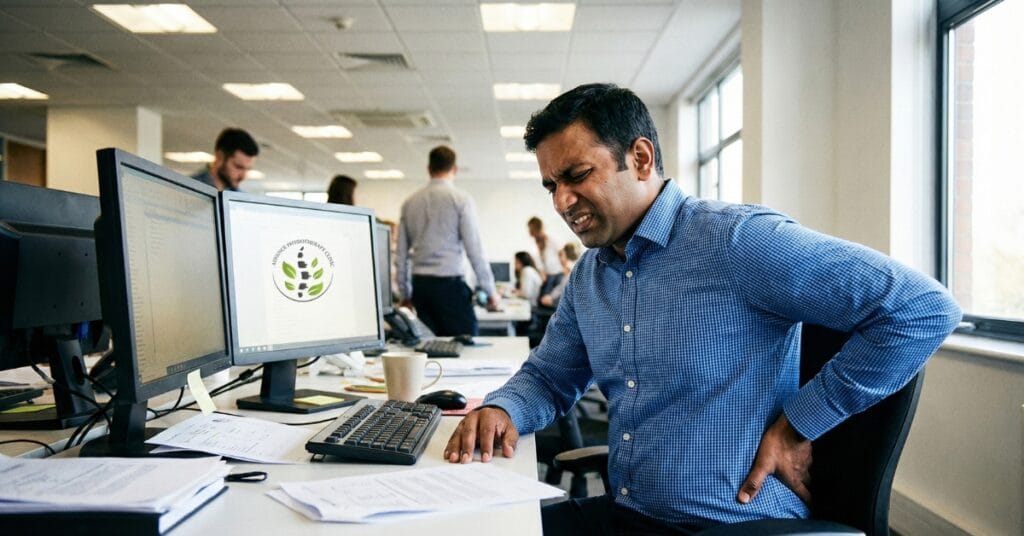 An office worker rubbing his lower back in pain while sitting at his desk.