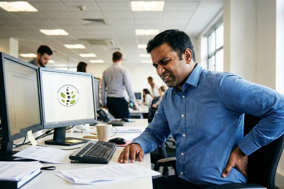 An office worker rubbing his lower back in pain while sitting at his desk.
