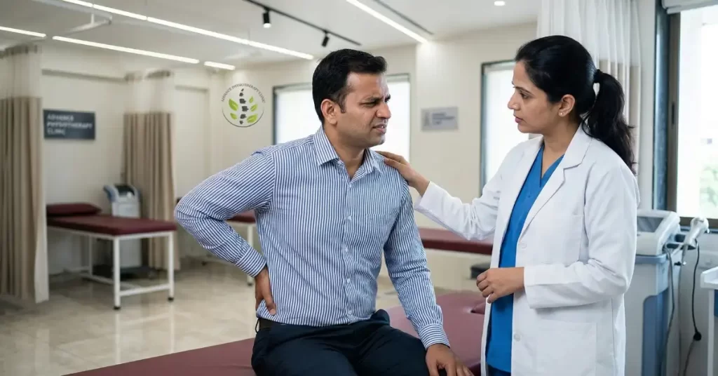 A local Aurangabad professional discussing chronic lower back pain with Dr. Kalyani at Advance Physiotherapy Clinic