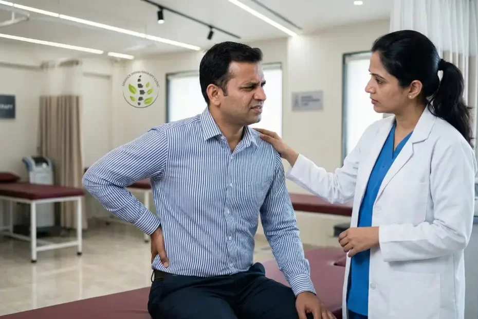 A local Aurangabad professional discussing chronic lower back pain with Dr. Kalyani at Advance Physiotherapy Clinic