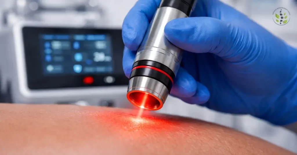 A close-up of a high-intensity laser handpiece showing therapeutic light penetration for deep tissue cellular repair.
