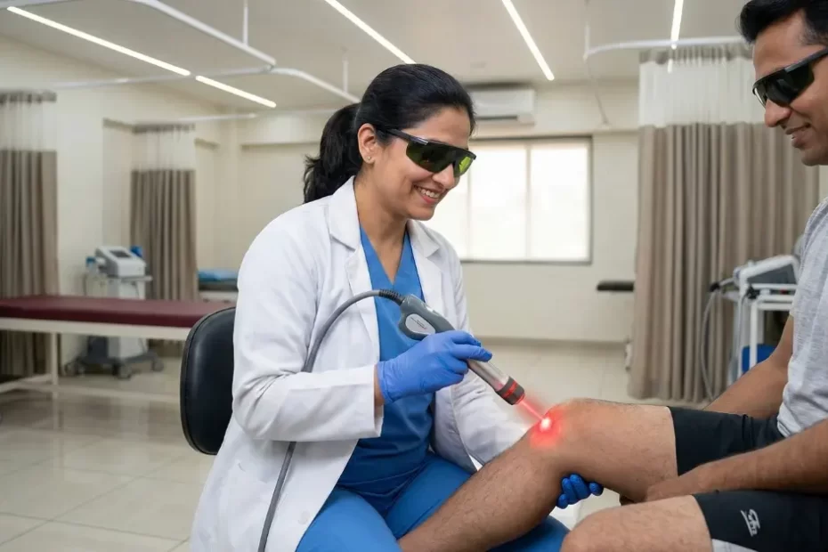 Dr. Kalyani applying Class 4 High-Intensity Laser Therapy (HILT) to a patient's knee for fast tendonitis relief in Aurangabad.