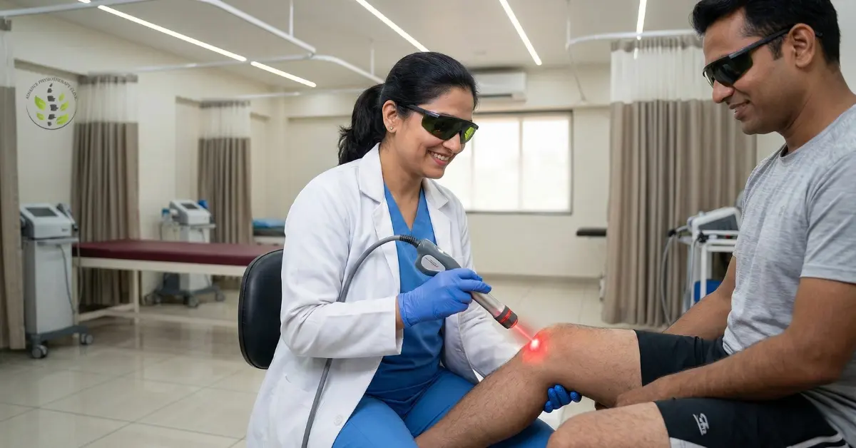 Dr. Kalyani applying Class 4 High-Intensity Laser Therapy (HILT) to a patient's knee for fast tendonitis relief in Aurangabad.