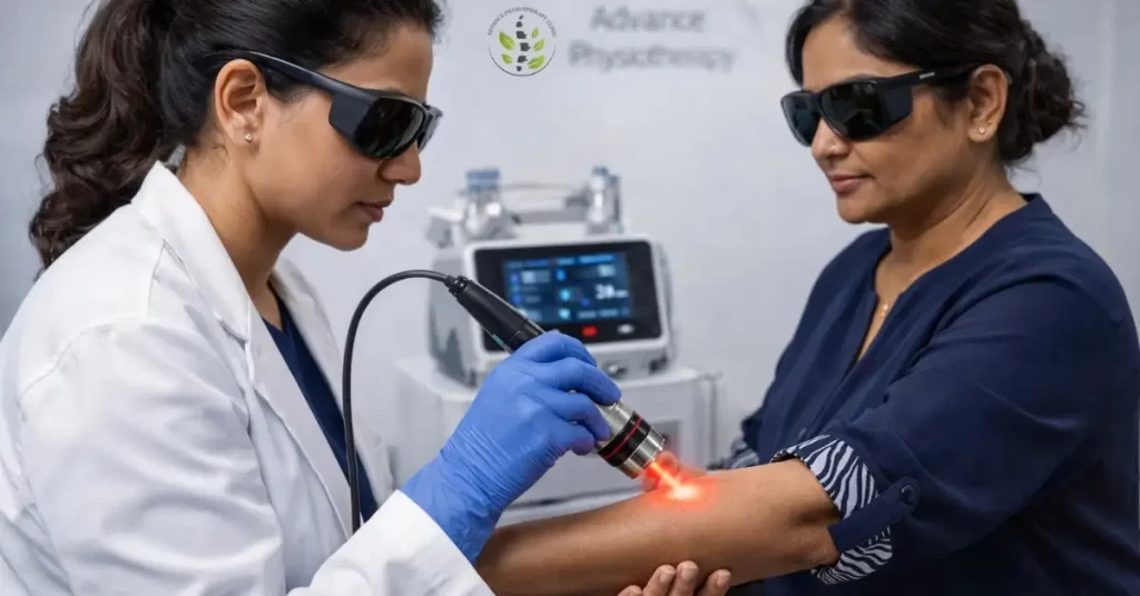 Dr. Kalyani performing Class 4 Laser Therapy on a patient's elbow for fast relief from Tennis Elbow (Tendonitis).