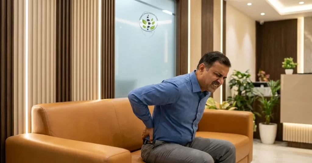 Indian patient suffering from sciatica and lower back pain at a premium clinic in Sambhajinagar.