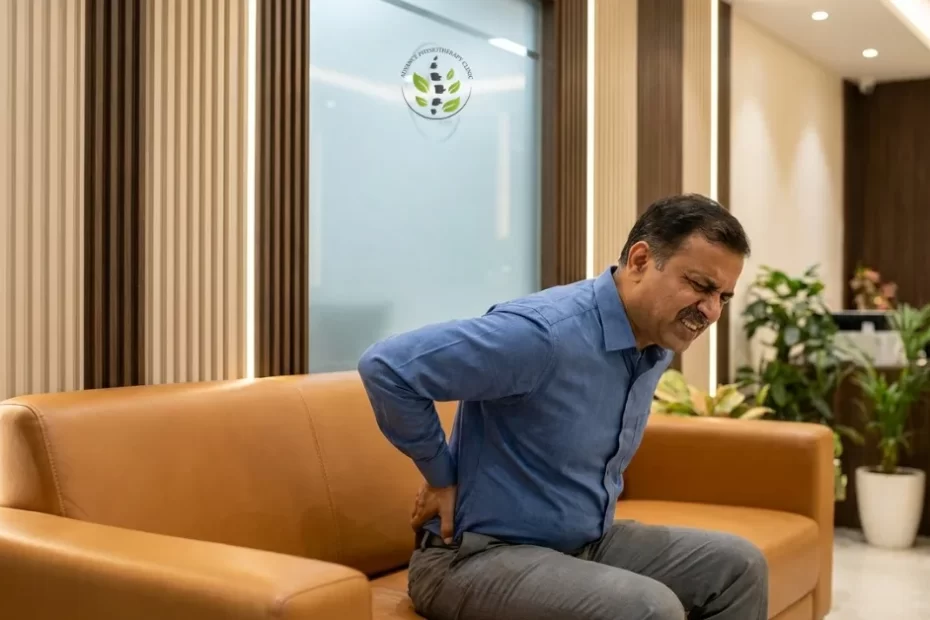 Indian patient suffering from sciatica and lower back pain at a premium clinic in Sambhajinagar.