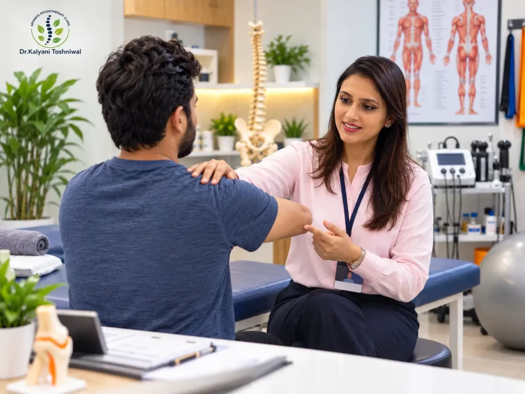 Dr Kalyani Toshniwal consulting a patient before dry needling treatment at a physiotherapy clinic