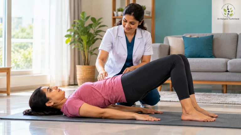physiotherapist-guided-glute-bridge-exercise फिजिओथेरपिस्ट घरी महिलेकरिता ग्लूट ब्रिज व्यायामाचे मार्गदर्शन करताना.